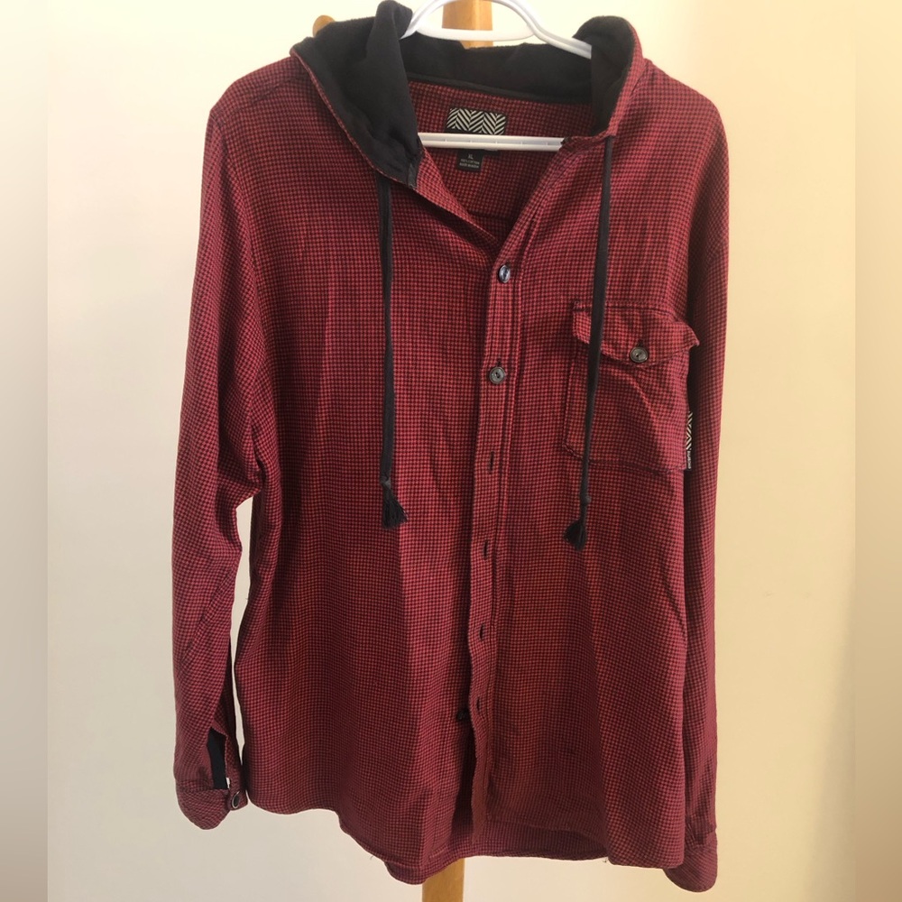Red and black checked shirt with hood, unisex, XL, cotton flannel